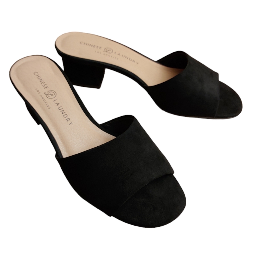 Chinese Laundry Black Heeled Slide Sandals - Faux Suede Sandals - Size 9